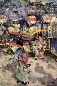 Japanese Street Scene with Lanterns and Bridge by Edward Atkinson Hornel