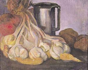 A Bunch of Garlic and a Pewter Tankard by Meyer Isaac de Haan