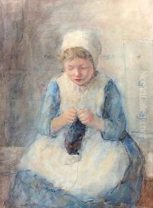 A girl knitting by Robert Gemmell Hutchison