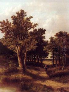 A Wooded Landscape With A Faggot Gatherer On A Sandy Track by Abraham Hulk Jun.