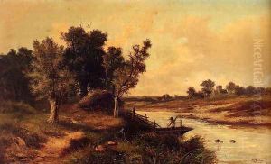 In The English Countryside: An Angler In A Boat On A River, A Village Church Beyond by Abraham Hulk Jun.