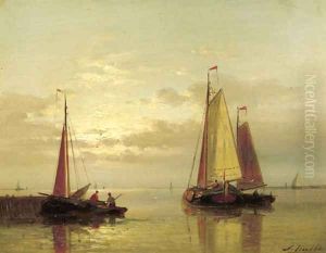 Sailing vessels near a jetty at dusk by Abraham Hulk Jun.