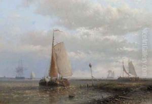 Sailingbarges in an estuary by Abraham Hulk Jun.