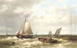 Ships on a choppy sea by an estuary by Abraham Hulk Jun.