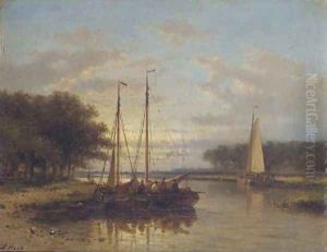 Sailing vessels on a calm river at dusk Sailing vessels on a calm river at dusk