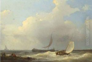 Sailingvessels in a stiff breeze of the coast by Abraham Hulk Jun.