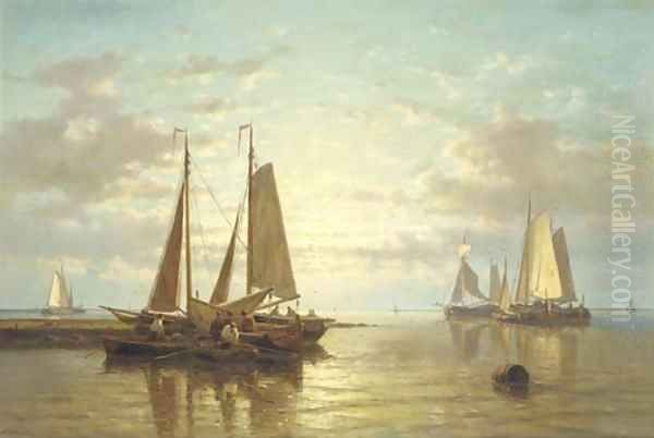 A calm sailing vessels in an estuary at dusk - view 1