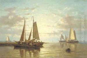 A calm sailing vessels in an estuary at dusk