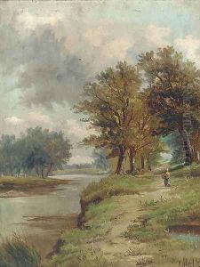 A country walk along a river bank by Abraham Hulk Jun.