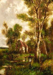 A wooded landscape with a peasant before a cottage by Abraham Hulk Jun.