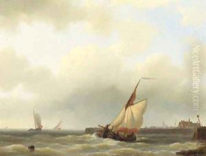 A Zwartewaalse Gaffelaar leaving port by Abraham Hulk Jun.