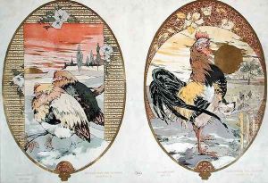 Cock and chickens design for a screen by Jules Auguste Habert-Dys