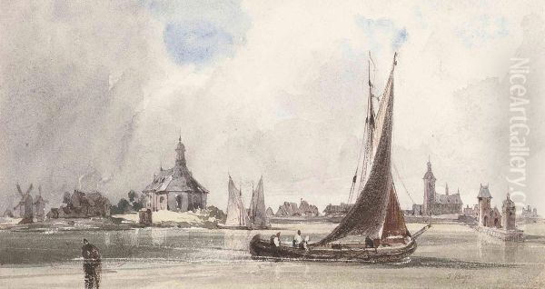 A Fishing Vessel Heading Out To Sea, A Church Beyond - view 1