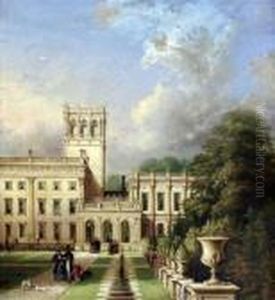 View Of Trentham Hall - Figures Walking In The Gardens