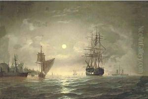 An armed merchantman and other shipping in the Bosphorous off Constantinople, by moonlight by Edward Hoyer