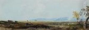 Cattle, Sheep And Herdsmen In An Extensive Landscape by Thomas Shotter Boys
