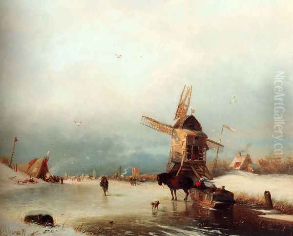 A Winter Landscape With A Horse-drawn Sledge On A Frozen River By A Windmill - view 1