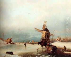 A Winter Landscape With A Horse-drawn Sledge On A Frozen River By A Windmill by Carl Hilgers