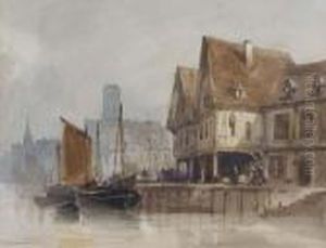 Fishing Boats At A Continental Quayside by Thomas Shotter Boys