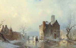 Hunters with their Dogs on a Frozen Stream by a Castle