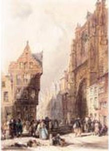 Figures On A Street In A Market Town , Belgium by Thomas Shotter Boys