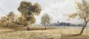 Figures Walking On A Path Through A Cornfield, A Church Beyond