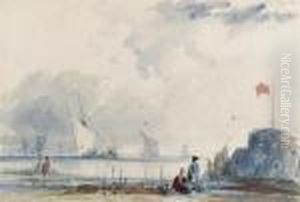 Shipping Off The Normandy Coast, With Figures On The Shore by Thomas Shotter Boys