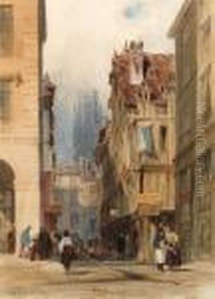 View In The Rue De La Tuile, Rouen, With The Tower Of St. Ouen Inthe Distance, France - view 1