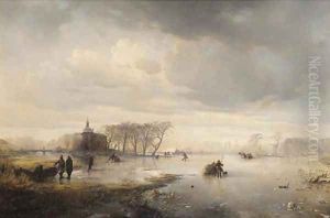 Skaters on a frozen lake, with a manor beyond by Carl Hilgers