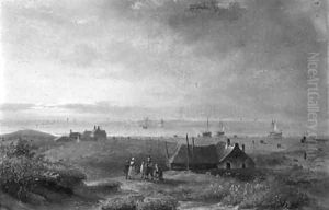 A coastal view of Scheveningen, with figures conversing on a dune top