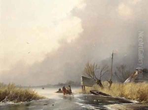 Woodgatherers on the ice on a windy day