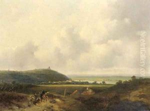 A panoramic landscape with figures conversing in the foreground