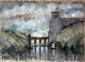 River Landscape With Arched Bridge Leading To Castle On Bank