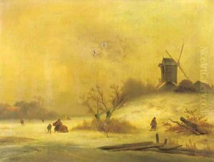 A winterlandscape with peasants near a windmill 2