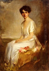 Portrait of an Elegant Young Woman in a White Dress by Artur Lajos Halmi
