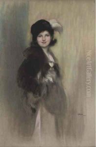 Portrait of Lady Dorothy Duveen, as a young girl, three-quarter-length, in a feathered hat