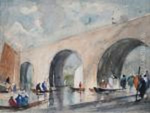 A River Scene With Figures On Boats