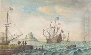 An English galleon anchored off a fortified port by Wenceslaus Hollar