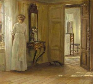 Interior with a Lady and a Cat (Interieur med kvinde og kat) by Carl Wilhelm Holsoe