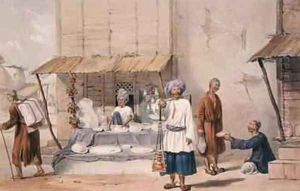 A Falloden Stall with Huzzarehs carrying snow etc to market by Louis Hague