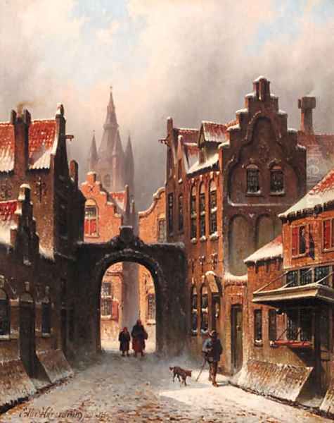 A snow-covered street in Delft, with the church spire of the Oude Jan in the background - view 1