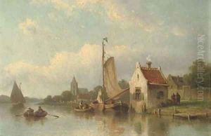 A river landscape with fishermen in their boats