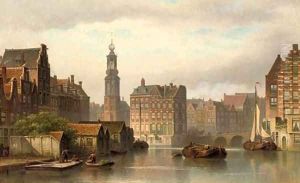 The Amstel in summer with the Munttoren and the Rokin beyond