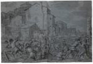 Soldiers In Boats On A River Outside A Town, A Trumpeter Atthe Centre by Leonaert Bramer