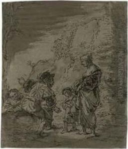 A Woman And Child Asking Directions From Two Men