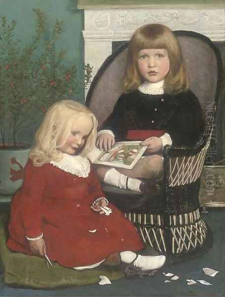 A brother and sister seated before a hearth - view 1