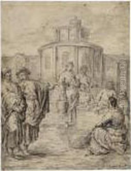 A Market Scene, With Two Gentlemen Discussing A Stall - view 1
