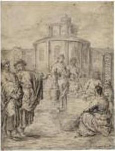 A Market Scene, With Two Gentlemen Discussing A Stall by Leonaert Bramer