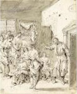Women In A Room Disturbed By A Man Coming Through A Door Women In A Room Disturbed By A Man Coming Through A Door