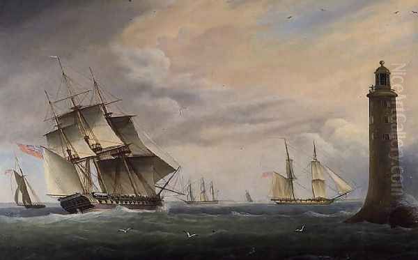 A Frigate and a Naval Brig passing the Eddystone Lighthouse - view 1